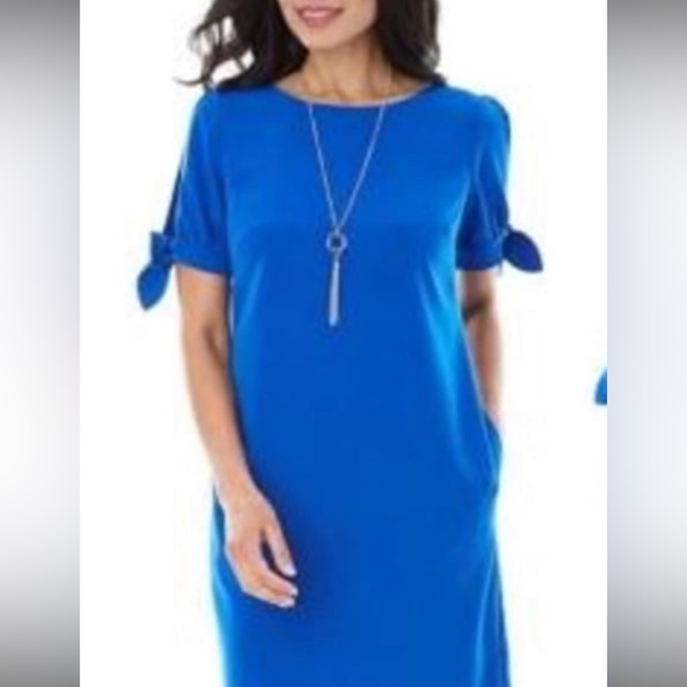 APT9 Women Business Casual Royal Blue Shift Dress short sleeves with tie/bow| 10